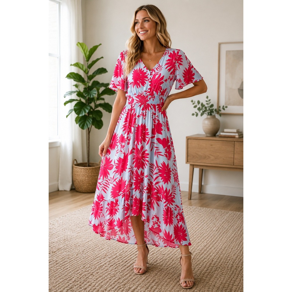 Abel The Label Blue Red Tropical Leaf Smocked High Low Maxi Dress sz S